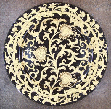 Ebony Black and Gold Lotus Scroll, Luxury Handmade Reproduction Chinese Porcelain, 10 Inch Decorative Display Plate Style 83