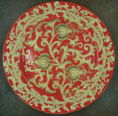 French Red and Gold Lotus Scroll, Luxury Handmade Reproduction Chinese Porcelain, 16 Inch Decorative Display Plate Style 83