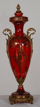 Hand Blown Ruby Red Glass - Footed 33 Inch Covered Cassolette Urn - Burnished Parcel Gilt Finished Accents