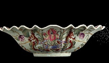 Iris Garden Pattern, Luxury Hand Painted Chinese Porcelain, 13.75 Inch Scalloped Edge Bowl