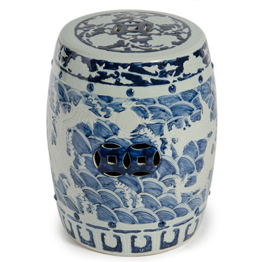 Finely Finished Ceramic Garden Stool, 17 Inch, Classic Blue & White Dragon Design