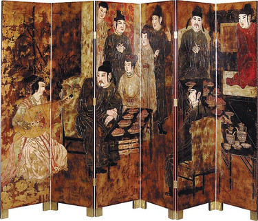 Hand Painted Hardwood Room Divider | Dressing Screen - Asian Dinner Party Scene