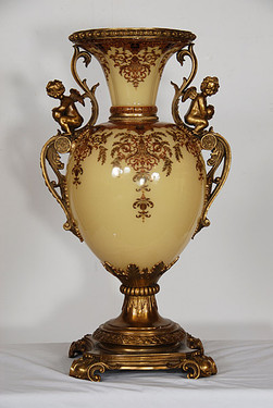 Hand Made Red & Ivory Finely Finished Glass - Footed 31" Vase - Cast Brass Burnished Gilt Finish