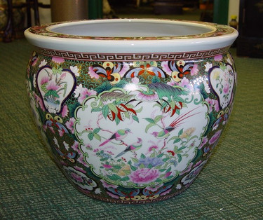 Nature Scene Gold Rose Medallion - Luxury Handmade Reproduction Chinese Porcelain - 14 Inch Fish Bowl | Fishbowl | Planter Style 35