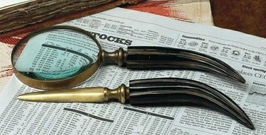 Brass & Horn Bureau Plat Desktop Letter Opener & Magnifying Glass Set