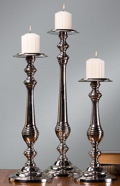 Traditional Style, Brass Pillar Candle Pair, 17 Inch Classic Candlestick, Nickel Finish