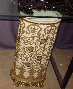 Ivory and Gold Lotus Scroll Arabesque with Gilded Brass Ormolu, Luxury Handmade Reproduction Chinese Porcelain, Statement 19 Inch Umbrella Storage Vase Style A378