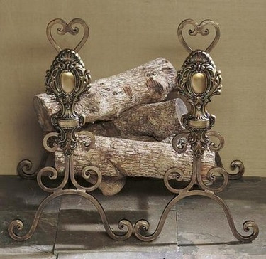 Fancy Bronze Finished Iron Scroll and Bronze Medallion Fireplace Andirons