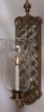 Mirror & Antique Brass Fleur de lis Finish Taper Candle & Hurricane Shade Wall Sconce
