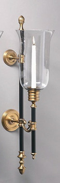 Black & Antique Brass Finish Taper Candle & Hurricane Shade Wall Sconce