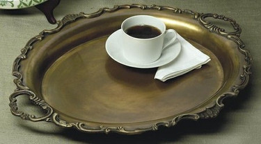 Solid Brass Serving | Display Tray, Antique Brass Finish, Fancy Ormolu Trim | Handles, 24L X 21w