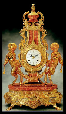 24K Gold Parcel Gilt Finish shown on Marble and Brass Mantel, Table Clock #9, 1730