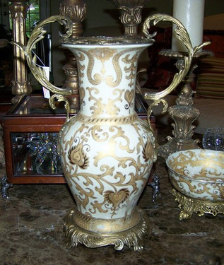 Ivory and Gold Lotus Scroll Arabesque with Gilded Brass Ormolu - Luxury Handmade Reproduction Chinese Porcelain - Statement 14.5 Inch Tabletop | Mantel Vase - Style B051