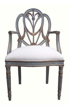 Custom Decorator - Hardwood Hand Carved Reproduction Hepplewhite - Prince of Wales Style - 41.3 Inch Dining Arm Chair - Upholstered Seat