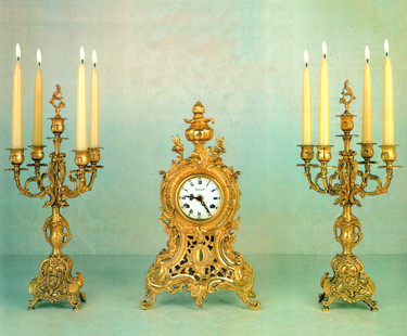 2021: Antique Style French Louis Garniture, Gilt Brass Ormolu, Mantel, Table Clock And 19.29" Five Light Candelabra Set, French Gold Patina, Handmade Reproduction of a 17th, 18th Century Dore Bronze Antique, 6719