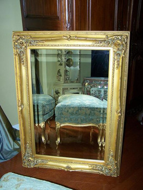 French Baroque Louis XIV Style, 5.25" Wide Frame, 30.75" Medium Soft Gold Leaf Drama Bevel Glass Mirror, 1622