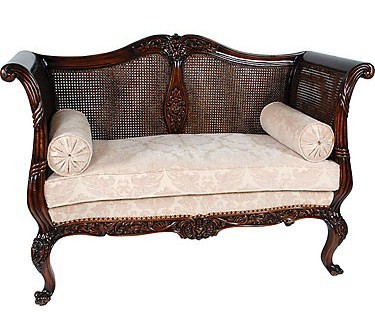Fancy Mahogany Hardwood 58 Inch Accent - Settee - Canape - Damask Fabric Seat & Cane Back
