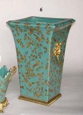 Teal Blue and Gold Pagoda, Luxury Handmade Reproduction Chinese Porcelain and Gilt Brass Ormolu, 19 Inch Tapered Square Umbrella Storage Vase, Style C967