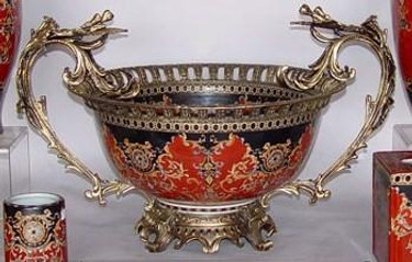 Imperial Red and Ebony Black - Luxury Handmade Reproduction Chinese Porcelain and Gilt Brass Ormolu - 23 Inch Centerpiece Bowl - Style T78