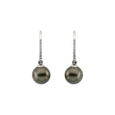 #2021: Tahitian Cultured Pearl - White Diamond & Gold Dangle Earrings, 5307