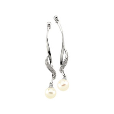 White Freshwater Near Round Cultured Pearl & Gold - Diamond Dangle Earrings 1003 .TS. 62781