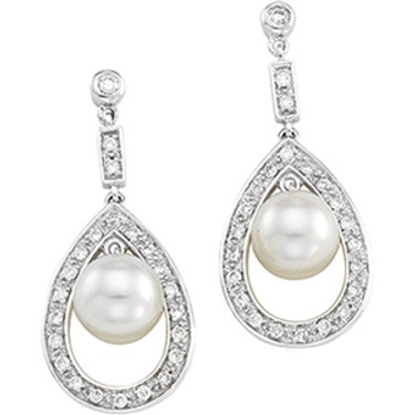 White Freshwater Round Cultured Pearl & Gold - Diamond Dangle Earrings