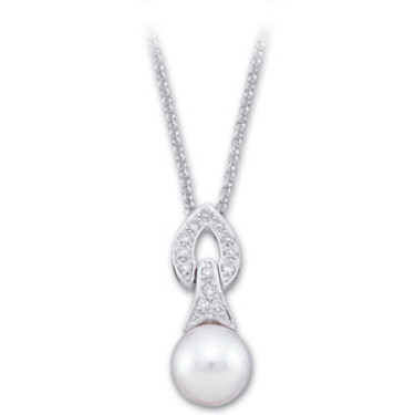 White Freshwater Near Round Cultured Pearl & Gold - Diamond Dangle Doorknocker Pendant Necklace