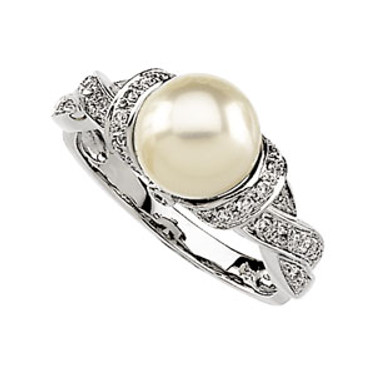 White Freshwater Round Cultured Pearl & Gold - Diamond Braid Ring