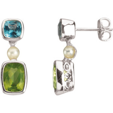 Sterling Silver, Freshwater Cultured Pearl, Swiss Blue Topaz, & Peridot Earrings