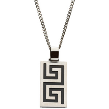 Steelworks | Young Mens Stainless Steel and Black Ion | Greek Key Design Pendant | 24 Inch Neck Chain