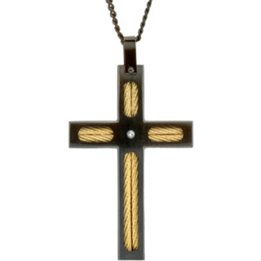 Steelworks | Young Mens Black and Yellow Ion Stainless Steel | White Diamond Cross Pendant | 22 Inch Neck Chain