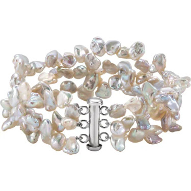 #2021: White Freshwater Keshi Pearl & Sterling Silver Triple Strand Bracelet, 5703