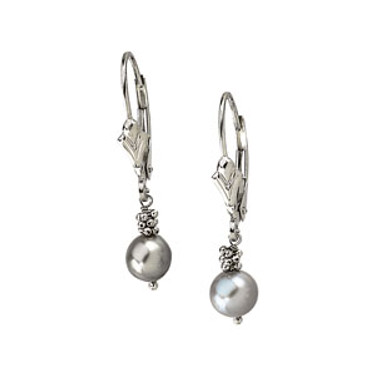 Gray | Grey Freshwater Round Cultured Pearl & Gold Leverback Dangle Earrings