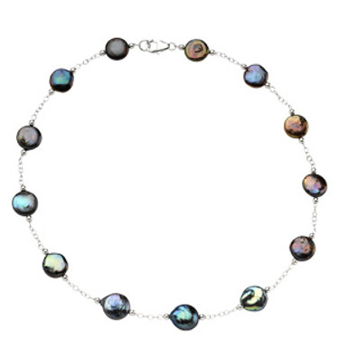 Black Freshwater - Cultured Coin Pearl & Sterling Silver - Station Necklace