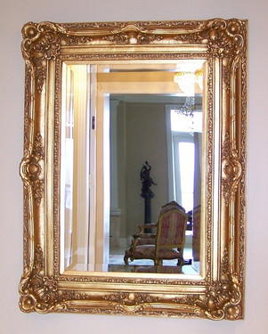 A French Baroque Louis Quatorze Style, 7.5" Oversized Frame, Large 55" Drama Bevel Glass Antiqued Gold Mirror, 516