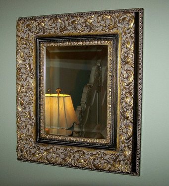 French Renaissance Louis Treize Flourish - Traditional Drama Bevel Mirror, Antiqued Gold, Black, and Grey, Small 18"t x 16"w - Wide 5.75" Carved Frame, 6634