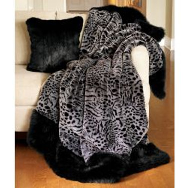 Luxuriously Soft Gray | Grey Leopard Throw with Black Fox Trim 60" x 72" Washable