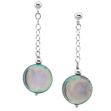 Black Freshwater Cultured Coin Pearl & Sterling Silver Dangle Earrings