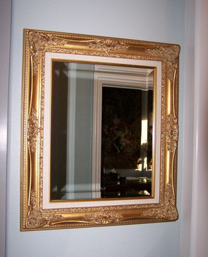 Louis Quinze French Rococo, Louis XV 4" Wide L429 Gold and Linen Frame, Small 27.5"t X 23.5"w Drama Bevel Traditional Mirror, 6607