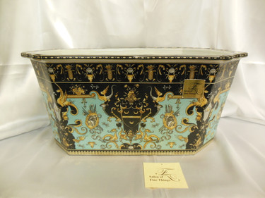 Lyvrich Fine Handcrafted Porcelain - Flower Pot Planter, Octagon Centerpiece - Crested Black, Turquoise, Gold - 9t X 19.5w X 14.25d