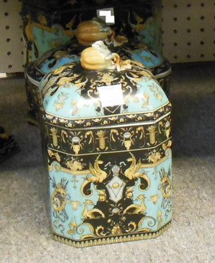 Lyvrich Fine Handcrafted Porcelain - Octagonal Cookie, Treat Jar - Crested Black, Turquoise, Gold - 9.5t X 6w X 6d