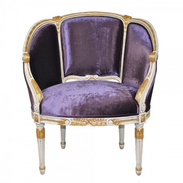 Marie Therese Charlotte French Neo Classical Period Louis XVI - 36 Inch Handcrafted Reproduction Versailles Salon Bergere Armchair - Velvet Upholstery 067 - Antiqued White with Gold Luxurie Furniture Finish GJWI