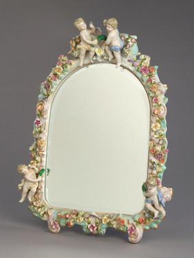 Meissen Style, Romantic Porcelain Beveled Looking Glass Tabletop Mirror, German Rococo Blumen, Putten und Gold, 19"t X 14"w X 1"d, 6283