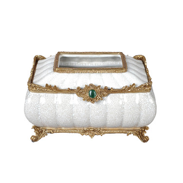 Lyvrich d'Elegance, Porcelain and Gilded Dior Ormolu | Crackle, Neutral and Gold | Tissue Box | Jewel Green Cabochon, Centerpiece | 6.50t X 10.84L X 7.41d | 6309