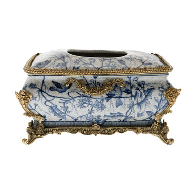 Lyvrich d'Elegance, Porcelain and Gilded Dior Ormolu | Blue and White Natural Simplicity | Bombé Tissue Box Centerpiece | 6.11t X 10.84L X 7.17d | 6337