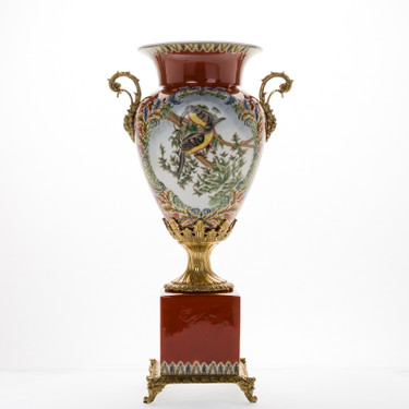 Lyvrich d'Elegance, Porcelain and Gilded Dior Ormolu | Long Beaked Parrot and Rouge | Potiche Vase on Plinth | Trophy Cup #2 | Statement Centerpiece | 21.67t X 11.74w X 8.43d | 6368