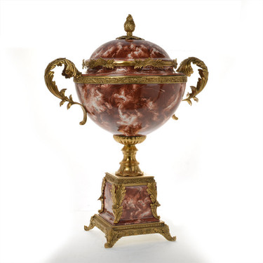 Lyvrich d'Elegance, Red, Rose, Burgundy, Porcelain and Gilded Dior Ormolu | Towering Covered Jar | Urn on Plinth, Centerpiece | 33.57t X 26.99w X 17.73d | 6412