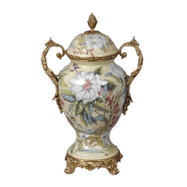 Lyvrich d'Elegance, Porcelain and Gilded d'oro Brass | Covered Jar | Cassolette Urn Centerpiece | 15.56t X 10.32w X 6.86d | 6414