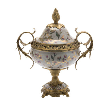 Lyvrich d'Elegance, Crackle Porcelain and Gilded d'oro Brass | Pastel Watercolor Flowers & d'or Gold |Covered Jar | Urn Centerpiece | 18.91t X 16.74w X 11.03d | 6422