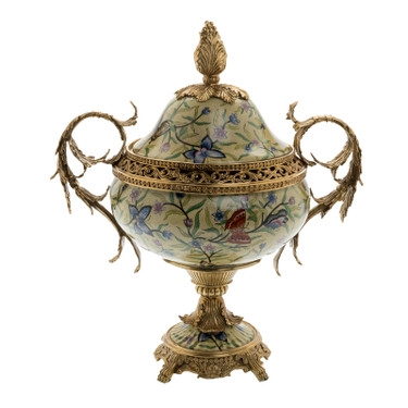 Lyvrich d'Elegance, Porcelain and Gilded d'oro Brass | Lis et Papillons | Covered Jar | Urn Centerpiece | 18.91t X 16.74w X 11.03d | 6424